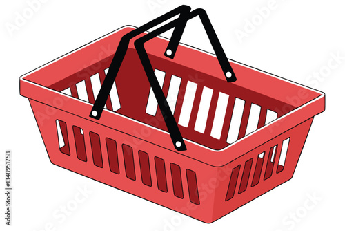 17 Red plastic shopping basket, vibrant color, minimalist design, black handles, grocery store accessory, isolated on white background, studio photography, product shot, clean lines, retail equipment,