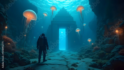 underwater scene, glowing doorway, scuba diver silhouette, jellyfish, coral reef, bioluminescent creatures, deep sea, mysterious atmosphere, blue hues, surreal landscape, fantasy underwater world, eth