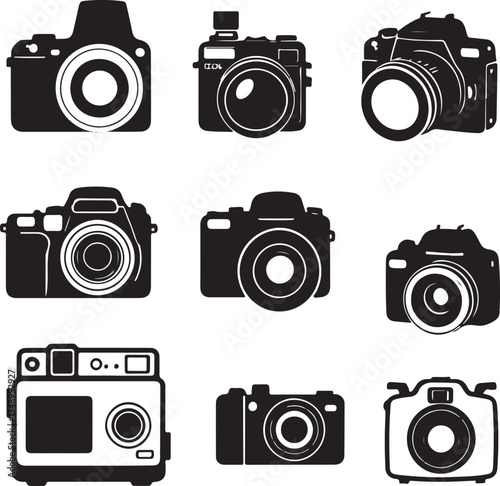 A collection of stylized, black silhouettes of various camera models, showcasing different shapes and sizes.