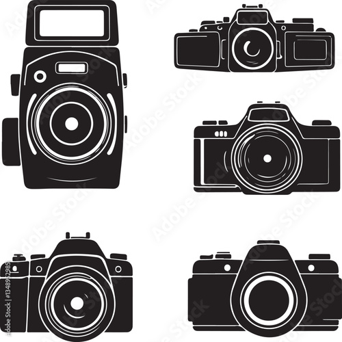 A collection of stylized, black silhouettes of various camera models, showcasing different shapes and sizes.