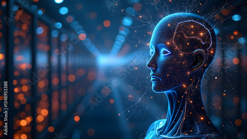 Futuristic AI profile, transparent blue cybernetic head, glowing brain, digital particles, neural network visualization, dark background with blue lights, sci-fi atmosphere, technological innovation, 