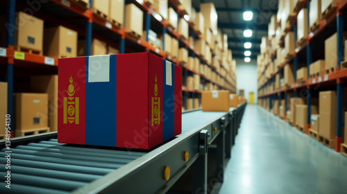 Mongolia parcel on a conveyor in a modern distribution center. Symbolizing trade, global exports, and the efficiency of logistics