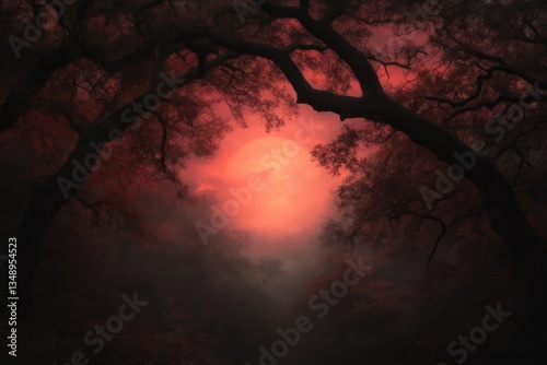 Crimson moon peeks through misty forest