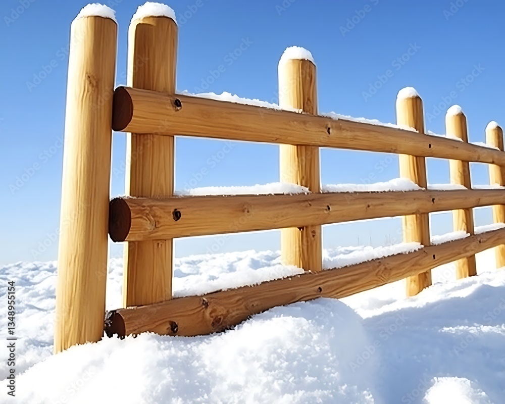 Fototapeta premium A wooden fence covered in snow under a clear blue sky