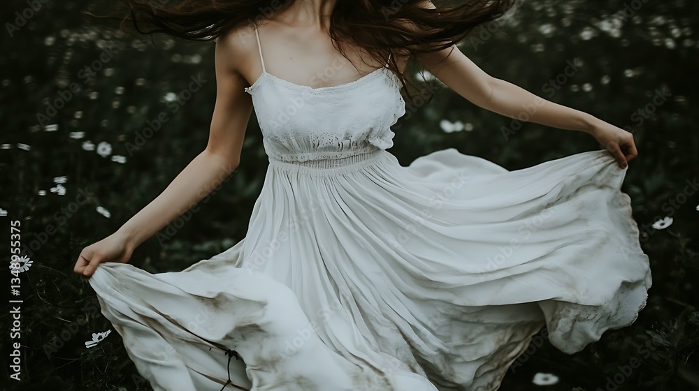 Fototapeta premium A woman wearing a white dress dances joyfully in a field