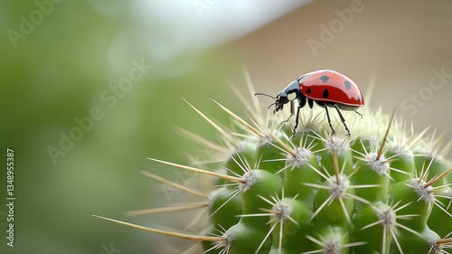 Close-up of a ladybug on a cactus, showcasing the harmony of nature's tiny wonders and desert life.