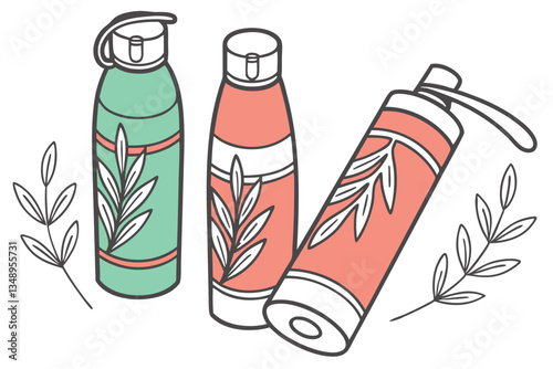 19 Minimalist plastic bottles, vibrant coral and green colors, simple cylindrical shapes, matte finish, clean design, product photography, white background, pastel hues, geometric forms, modern aesthe