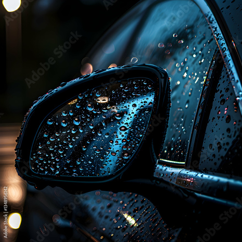 Moody Close-Up of a Motorcycle Mirror Covered in Raindrops, Reflecting Blurred Blue and Dark Tones