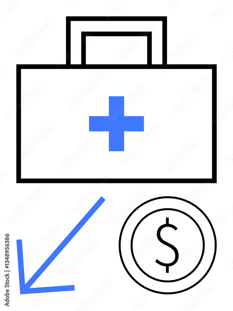 Obraz premium Medical kit with a cross symbol, downward blue arrow, and dollar coin suggesting cost reduction in healthcare. Ideal for healthcare savings, affordability, medical insurance, budgeting, cost cutting