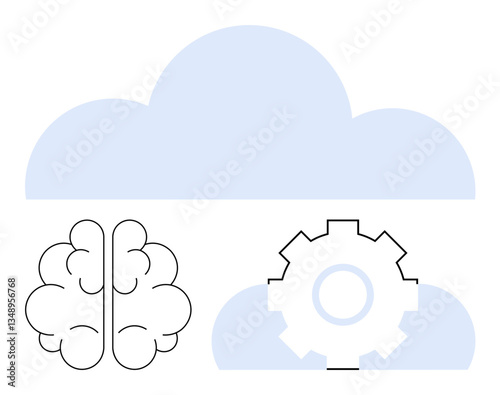 Cloud icon above a brain and gear representing digital collaboration, AI, technology, and innovation. Ideal for tech, AI, cloud services, automation innovation education teamwork. Flat simple