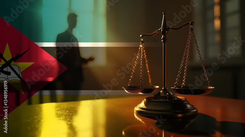 The scales of justice stand in front of the Mozambique flag, symbolizing law, fairness, and the legal system. A concept of democracy and equality.