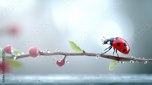 Close-up of a vibrant ladybug on a dewy branch, showcasing delicate balance in a natural setting.