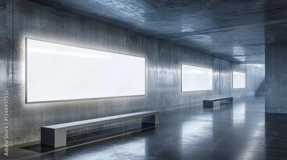 Empty illuminated billboards in a modern concrete hallway with benches. Empty illuminated billboards in a modern concrete hallway with benches.