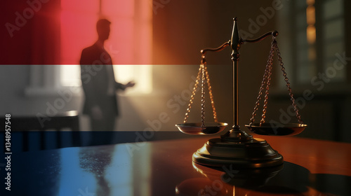 The scales of justice stand in front of the Netherlands flag, symbolizing law, fairness, and the legal system. A concept of democracy and equality.