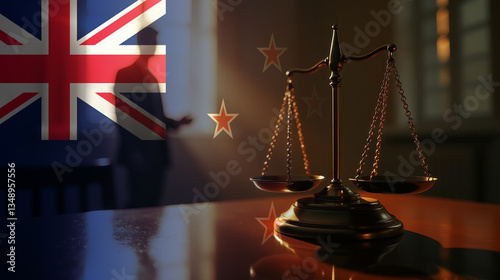 The scales of justice stand in front of the New Zealand flag, symbolizing law, fairness, and the legal system. A concept of democracy and equality.