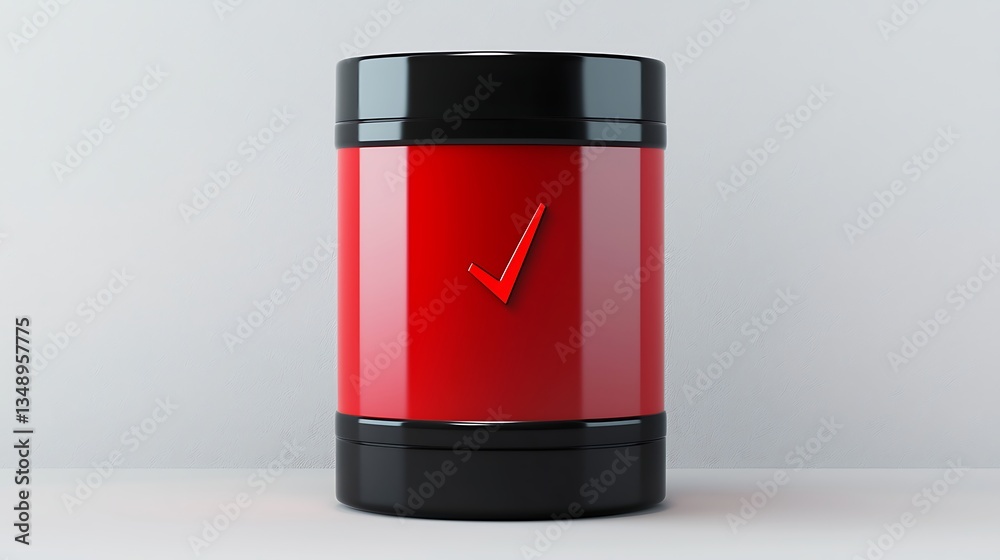 A sleek red container with a black lid features a prominent checkmark, suggesting it's designed for storage or organization. A sleek red container with a black lid features a prominent checkmark, suggesting it's designed for storage or organization.