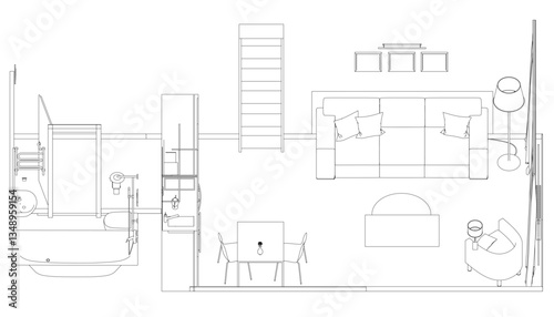 A drawing of a room with a staircase and a chair. The room is empty and has a minimalist design