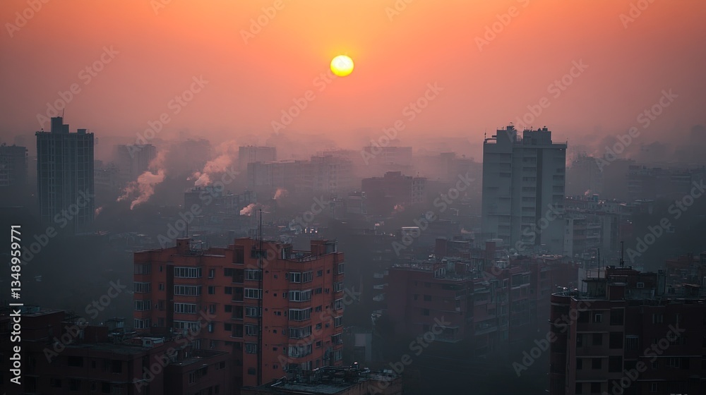 Fototapeta premium Air pollution creating a hazy sunrise over city buildings, climate impact 