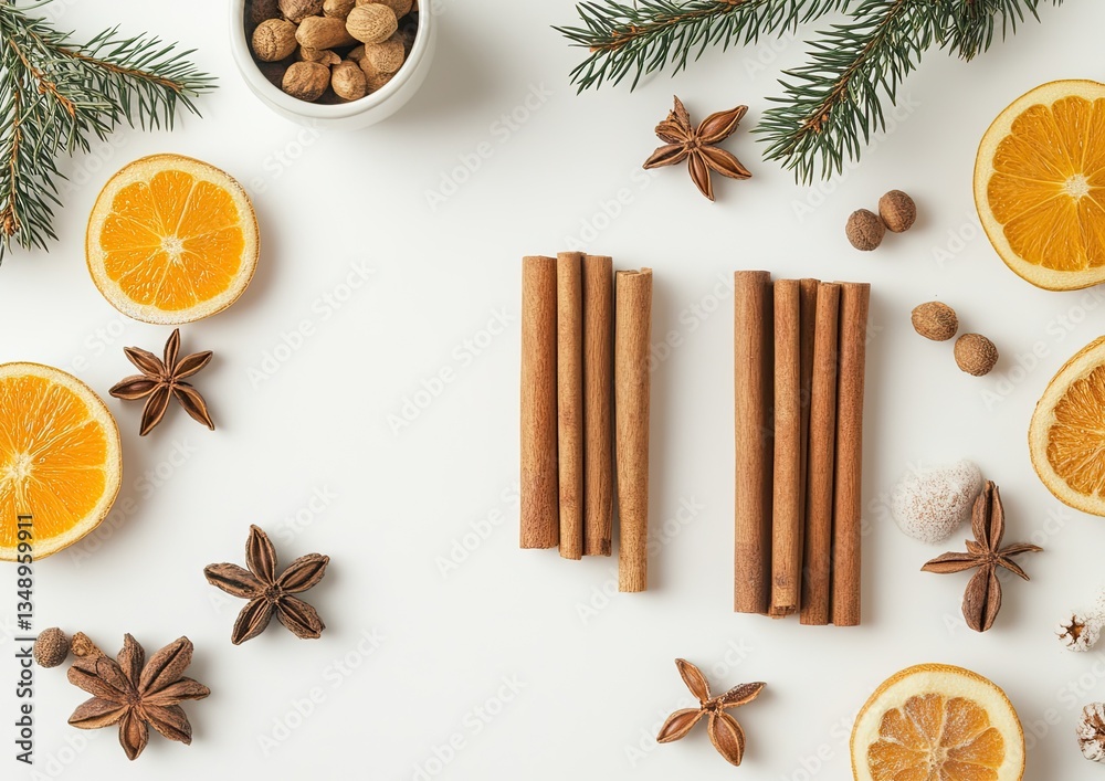 Festive spice arrangement on white background with orange slices, cinnamon sticks, anise stars, and pine sprigs Festive spice arrangement on white background with orange slices, cinnamon sticks, anise stars, and pine sprigs