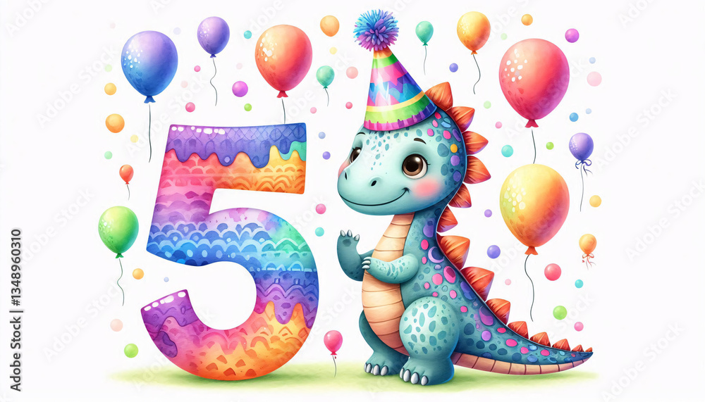 Naklejka premium Beautiful hand-drawn Parasaurolophus illustration for birthday decorations featuring a giant number 5 and cheerful balloons