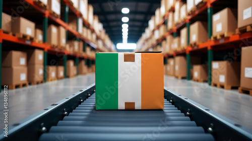 Wallpaper Mural A package wrapped in the Irish flag moves on a conveyor belt inside a warehouse. Symbolizing logistics, global trade, and the efficiency of supply chains. Torontodigital.ca