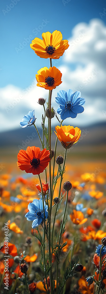 Obraz premium Vibrant Orange and Blue Flowers in a Bouquet Against a Sunny Sky and Wildflower Field