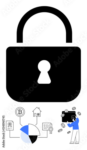 Padlock in center symbolizes security. Below are cryptocurrency, wallet, home, documents, pie chart. Ideal for finance, blockchain security investments privacy banking fintech. Flat simple