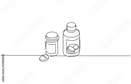 Continuous One Line Medicine Set with Pill Minimalist Healthcare Vector Illustration, Continuous one line of a medicine bottle with pills and capsules, hand drawn isolated on white background.