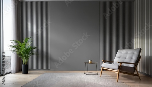Empty Gray Wall Mockup in Modern Contemporary Interior with Minimalist Lounge Chair and a Glass Side Table. Natural Daylight From a Window. Promotion Background.