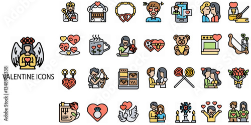 Valentine simple concept 28 colour icons set. Contains such love - emotion, care, offspring .Vector illustration.