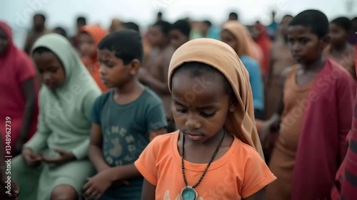 A Sudanese migrant refugee girl child in a boat with a crowd of people	
