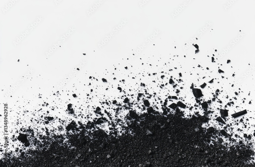 Fototapeta premium Crushed black material explosion on white background