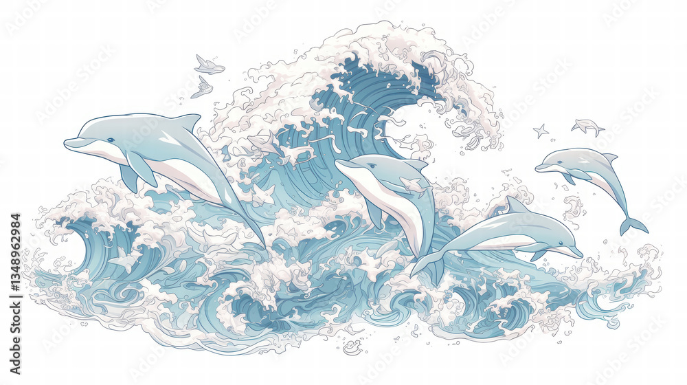 Obraz premium Playful dolphin jumping ocean wave. Aquatic mammal swimming and diving with happiness in sea, simple outline drawing of marine animal