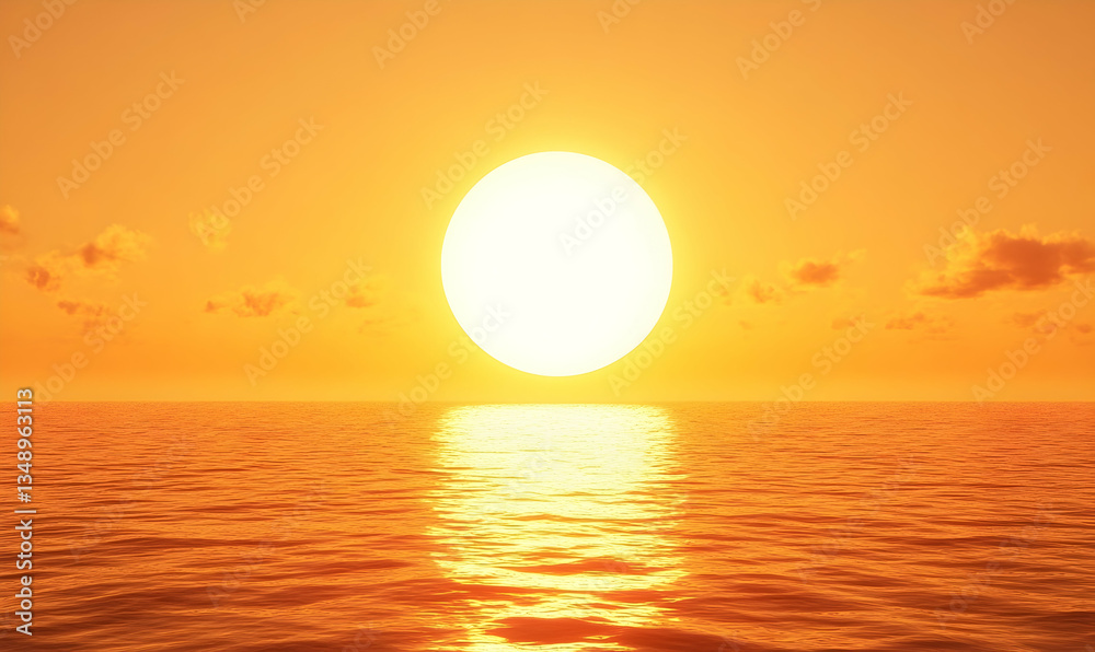 Majestic sunset panorama reflecting sunlight on calm ocean surface Majestic sunset panorama reflecting sunlight on calm ocean surface
