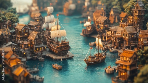 Wallpaper Mural Miniature Wooden Harbor City with Sailing Ships Torontodigital.ca