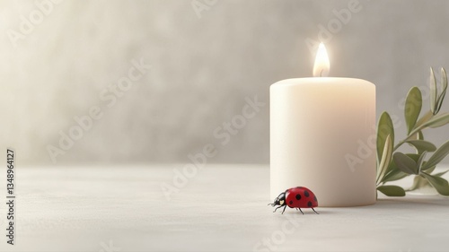Elegant candle with ladybug and greenery on a minimalistic surface in soft lighting, evoking peace and simplicity.