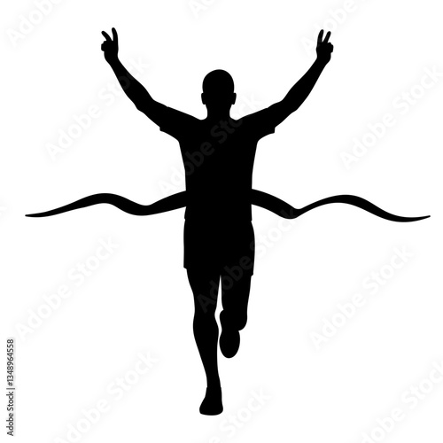 Silhouette illustration of an athlete winning a race, crossing the finish line with raised arms