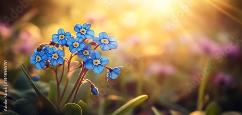A cluster of Forget-Me-Not blue flowers in a tranquil spring field. warm sunlight casting a gentle glow. blurred background of wildflowers.