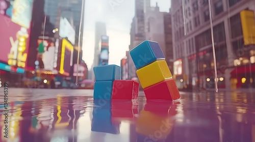 Colorful stacked building blocks reflect in a flooded urban environment photo