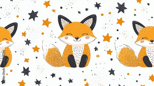 Charming Seam Pattern Featuring Playful Fox and Twinkling Stars Creating a Whimsical Night Sky Design