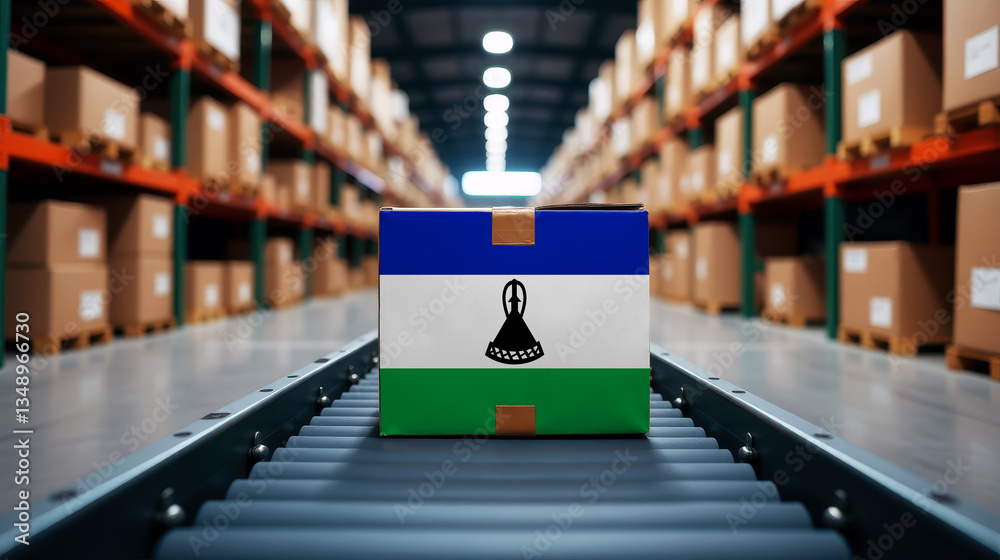 Obraz premium A package wrapped in the Lesotho flag moves on a conveyor belt inside a warehouse. Symbolizing logistics, global trade, and the efficiency of supply chains.
