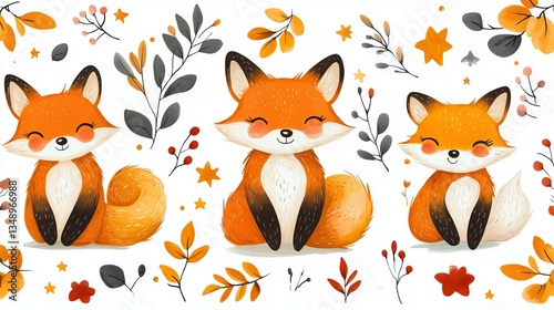 Two Playful Foxes Resting on Colorful Autumn Leaves in a Tranquil Forest Setting Capturing Nature's Beauty