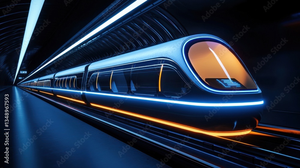 Fototapeta premium Futuristic High-Speed Train in a Neon-Lit Tunnel