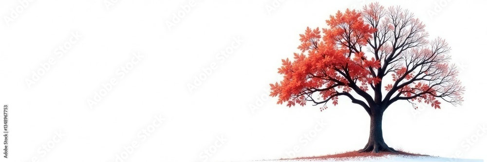 Tree with bare branches and winter leaves on white background, winter landscape, tree Tree with bare branches and winter leaves on white background, winter landscape, tree