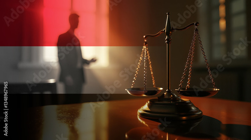 The scales of justice stand in front of the Yemen flag, symbolizing law, fairness, and the legal system. A concept of democracy and equality.