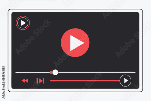 23 Video player interface, minimalist design, black background, red play button, white progress bar, fullscreen icon, simple controls, digital media, streaming platform, user interface, modern aesthet