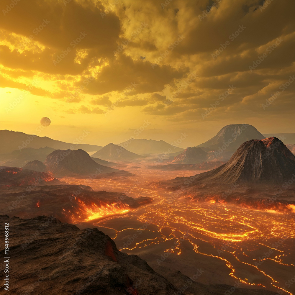 Fototapeta premium Venus surface with glowing lava plains and volcanic peaks shrouded in thick, hazy clouds.