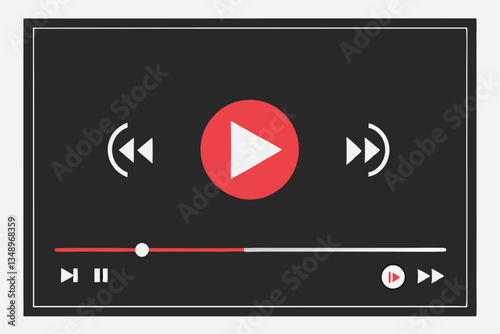 23 Video player interface, minimalist design, black background, red play button, white progress bar, fullscreen icon, simple controls, digital media, streaming platform, user interface, modern aesthet