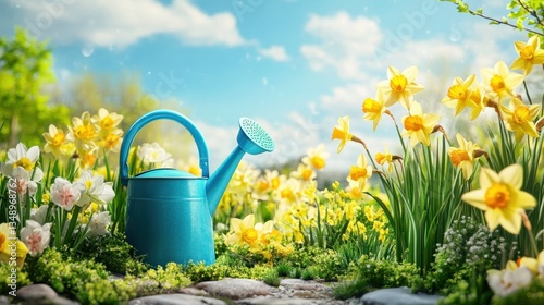 Blue watering can sitting next to vibrant daffodils in spring garden