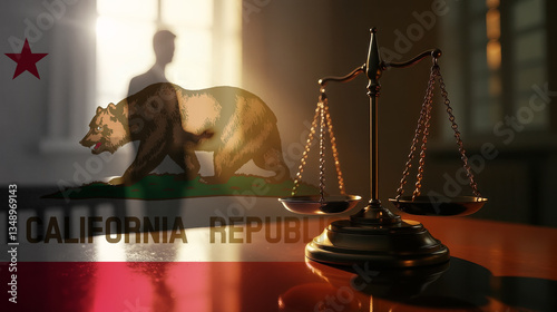 The scales of justice stand in front of the California flag, symbolizing law, fairness, and the legal system. A concept of democracy and equality.